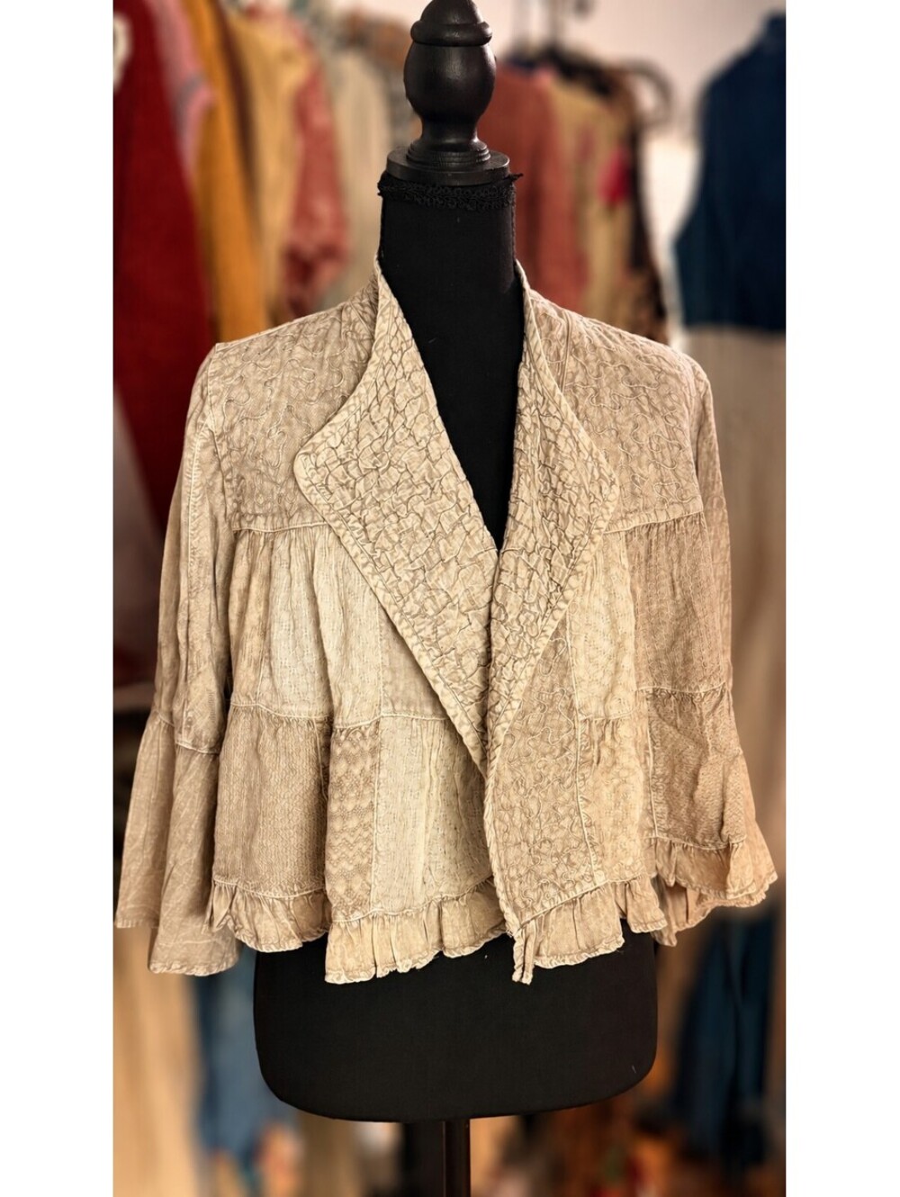 YOUNG THREADS Embroidered Patchwork Ruffle Shrug Latte NWT Small